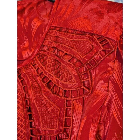 VTG 80s Retro Pleated Lace Embroider Belted Red Long Sleeve Dress 12 - Picture 7 of 7